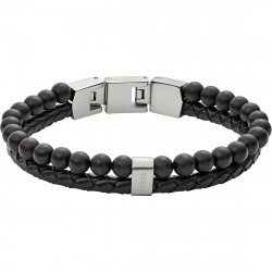 Bracelet Fossil perles noires et cuir tressé