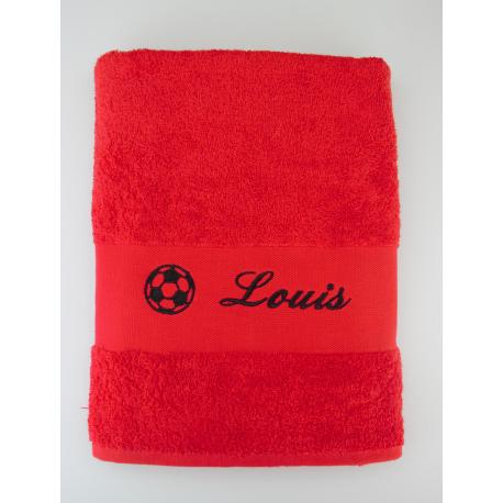 Drap de bain personnalisé avec ballon de foot rouge brodé noir