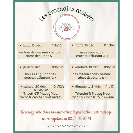 Réservation atelier crochet ou tricot